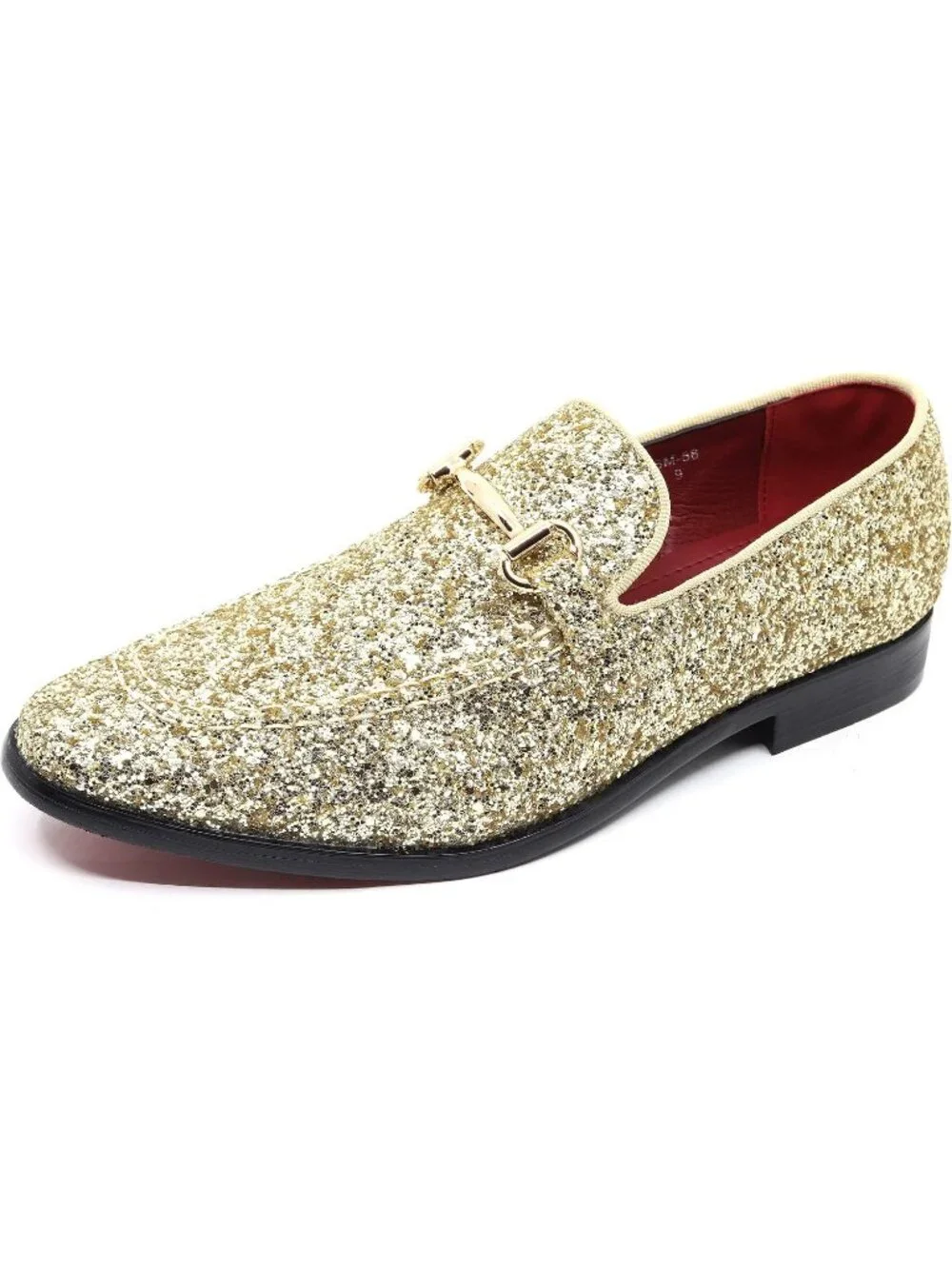 Metrocharm Men's Gold Glitter Rubber Velvet Loafers Gold Buckle Slip On Shoes
